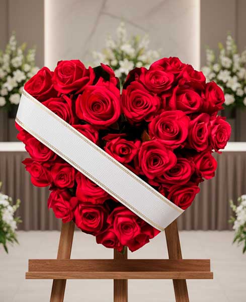 Centro funerario corazón rosas rojas